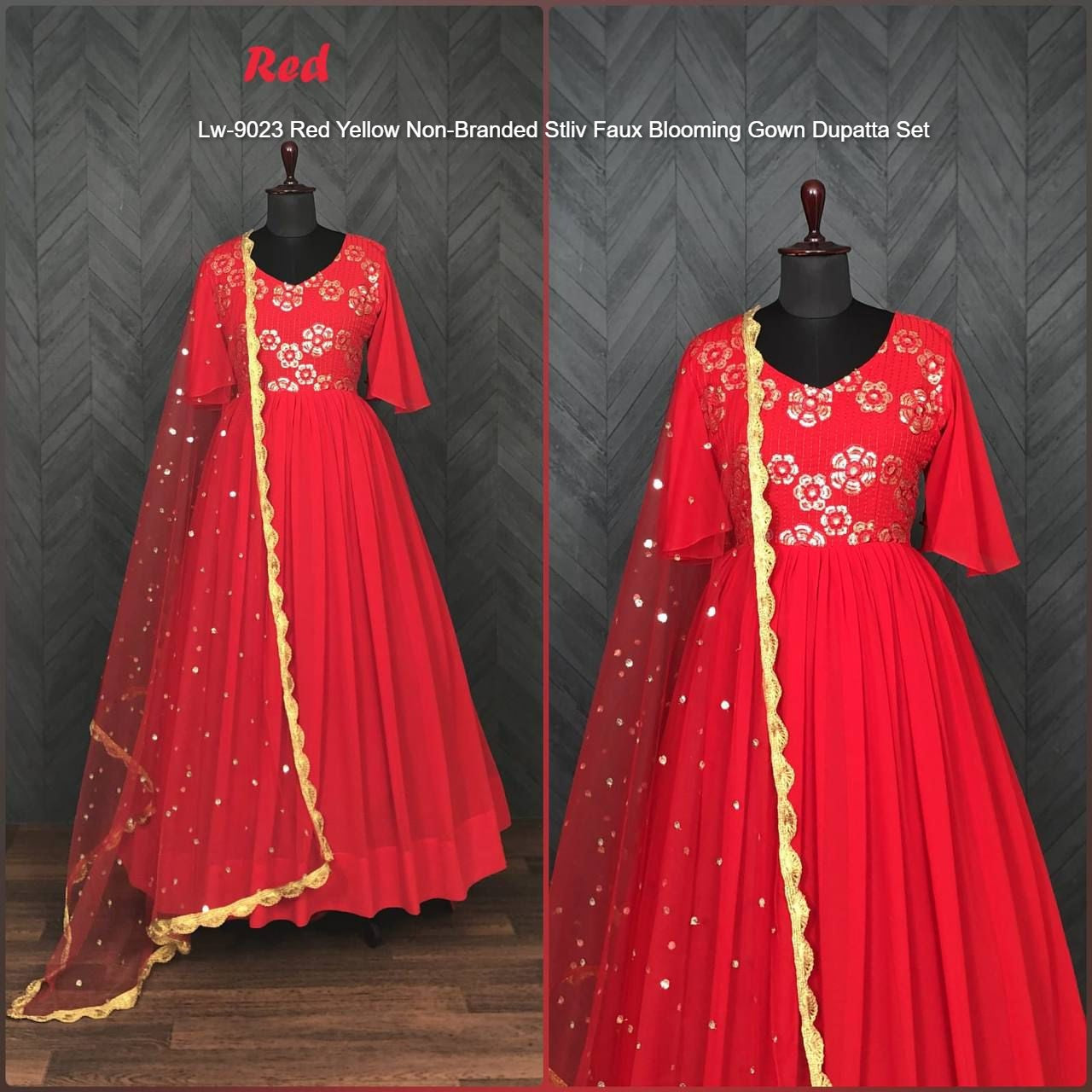 Lw-9023 Red Yellow Non-Branded Stliv Faux Blooming Gown Dupatta Set