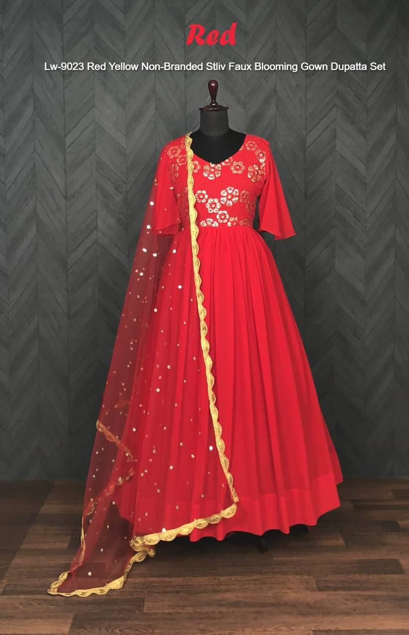 Lw-9023 Red Yellow Non-Branded Stliv Faux Blooming Gown Dupatta Set