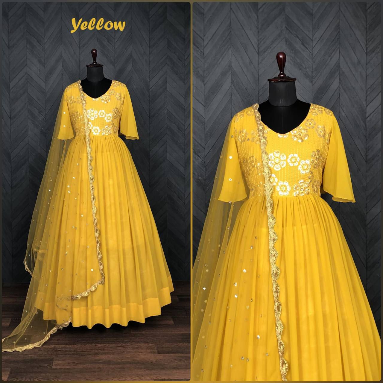 Lw-9023 Red Yellow Non-Branded Stliv Faux Blooming Gown Dupatta Set
