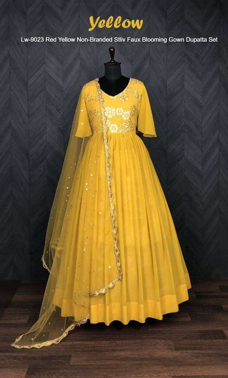 Lw-9023 Red Yellow Non-Branded Stliv Faux Blooming Gown Dupatta Set