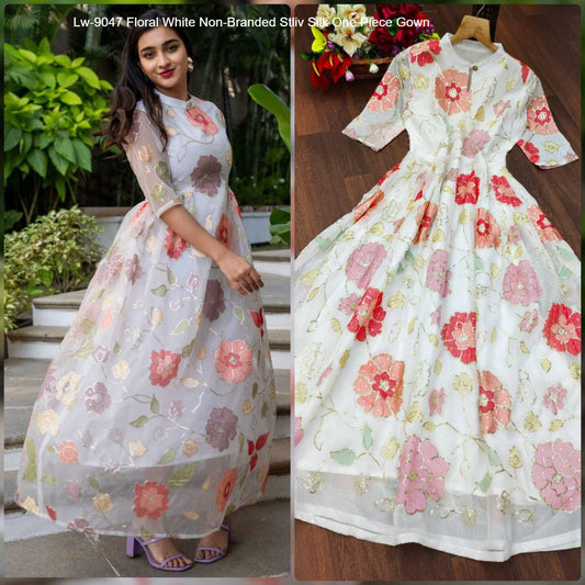 Lw-9047 Floral White Non-Branded Stliv Silk One Piece Gown