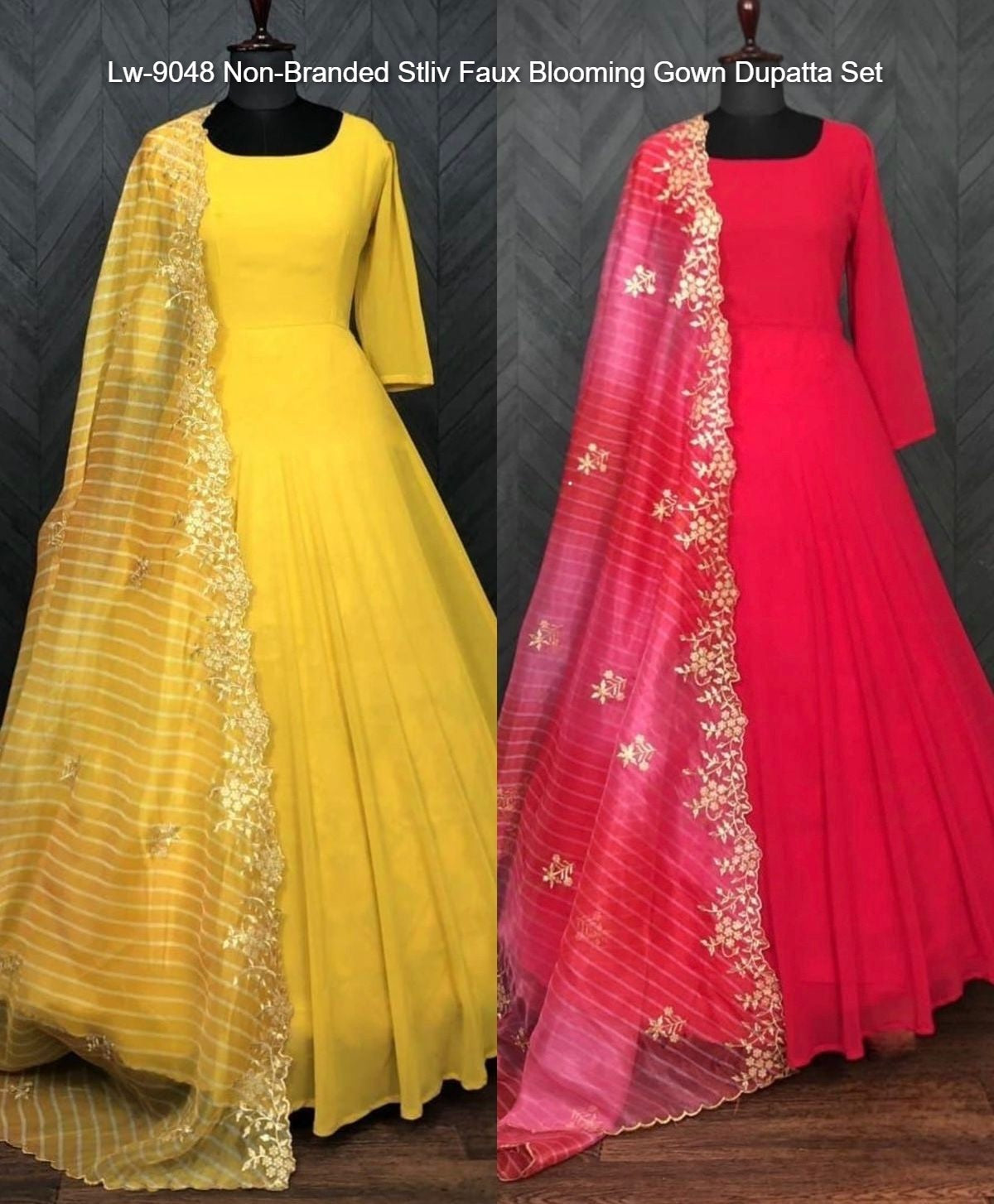 Lw-9048 Non-Branded Stliv Faux Blooming Gown Dupatta Set