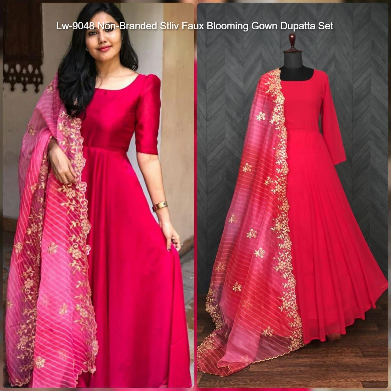 Lw-9048 Non-Branded Stliv Faux Blooming Gown Dupatta Set