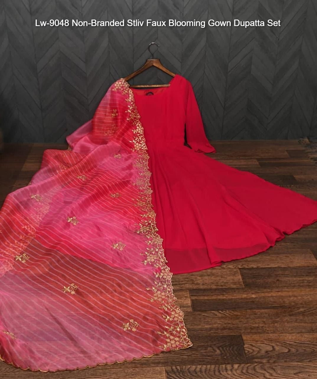 Lw-9048 Non-Branded Stliv Faux Blooming Gown Dupatta Set