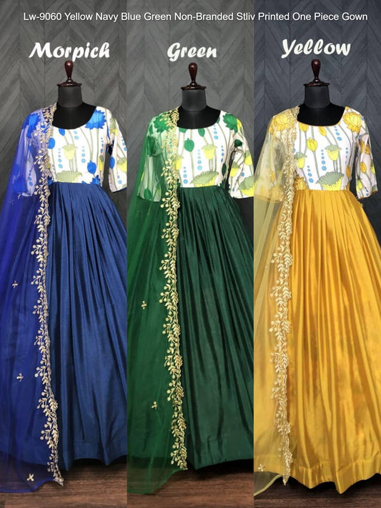 Lw-9060 Yellow Navy Blue Green Non-Branded Stliv Printed One Piece Gown