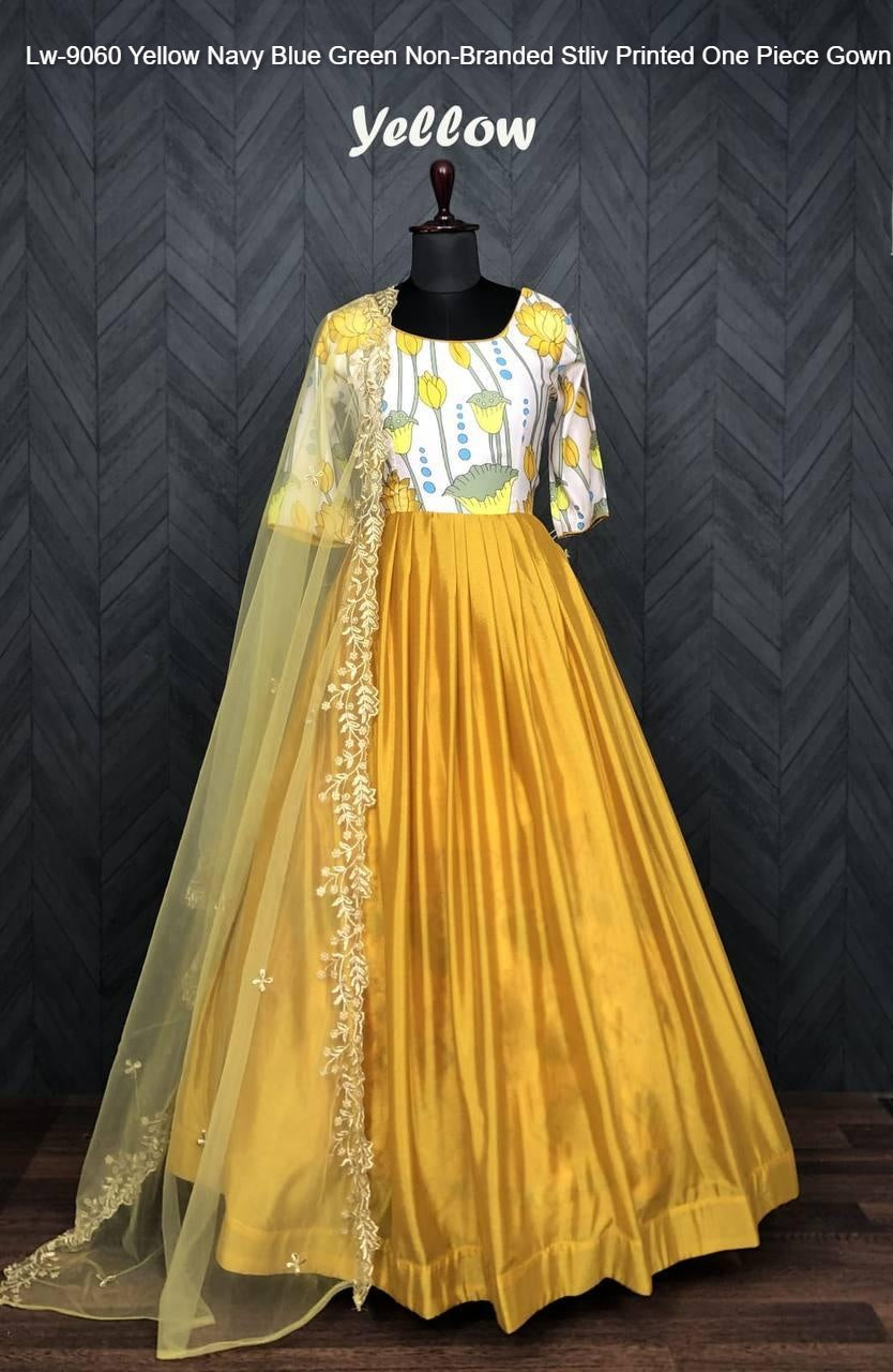 Lw-9060 Yellow Navy Blue Green Non-Branded Stliv Printed One Piece Gown