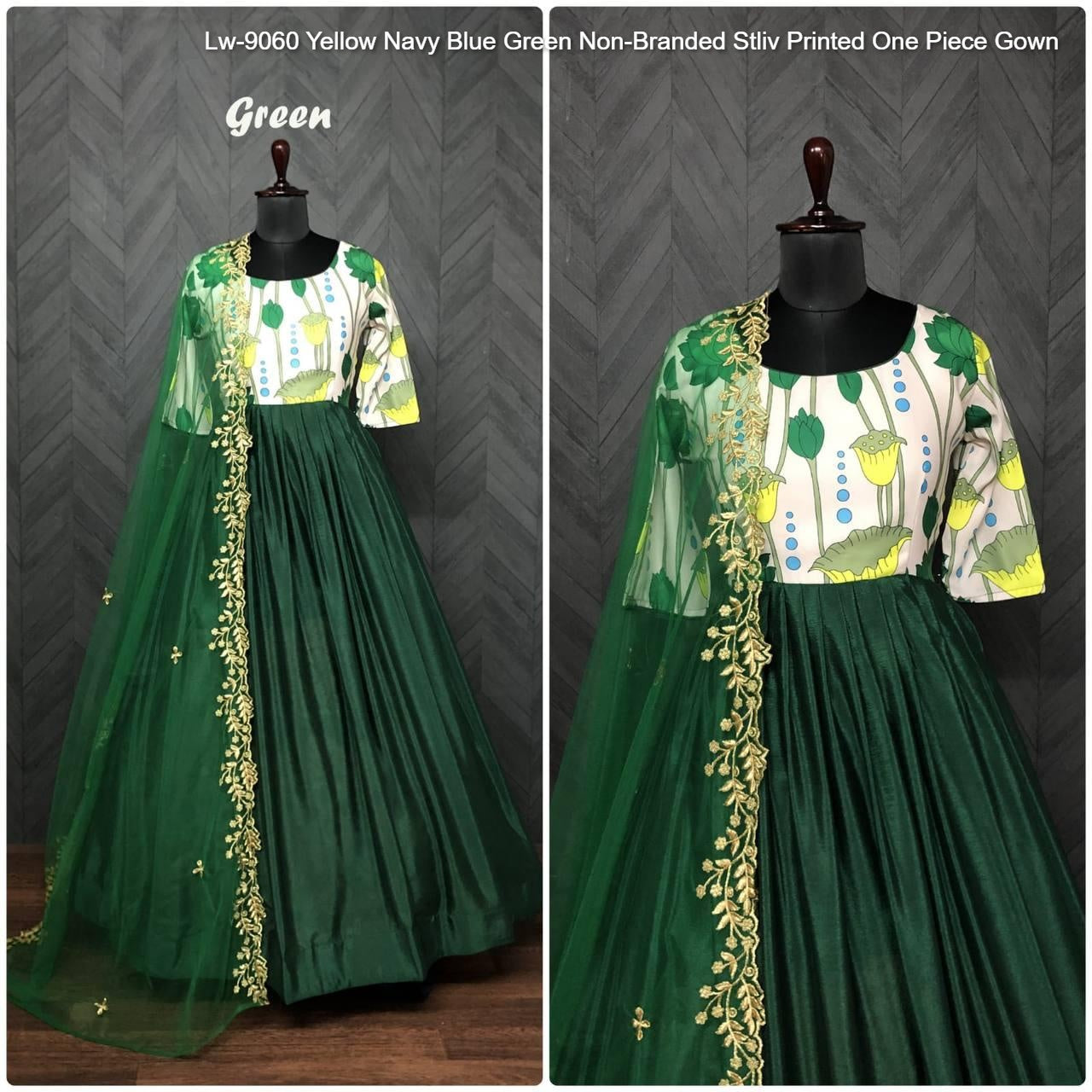 Lw-9060 Yellow Navy Blue Green Non-Branded Stliv Printed One Piece Gown