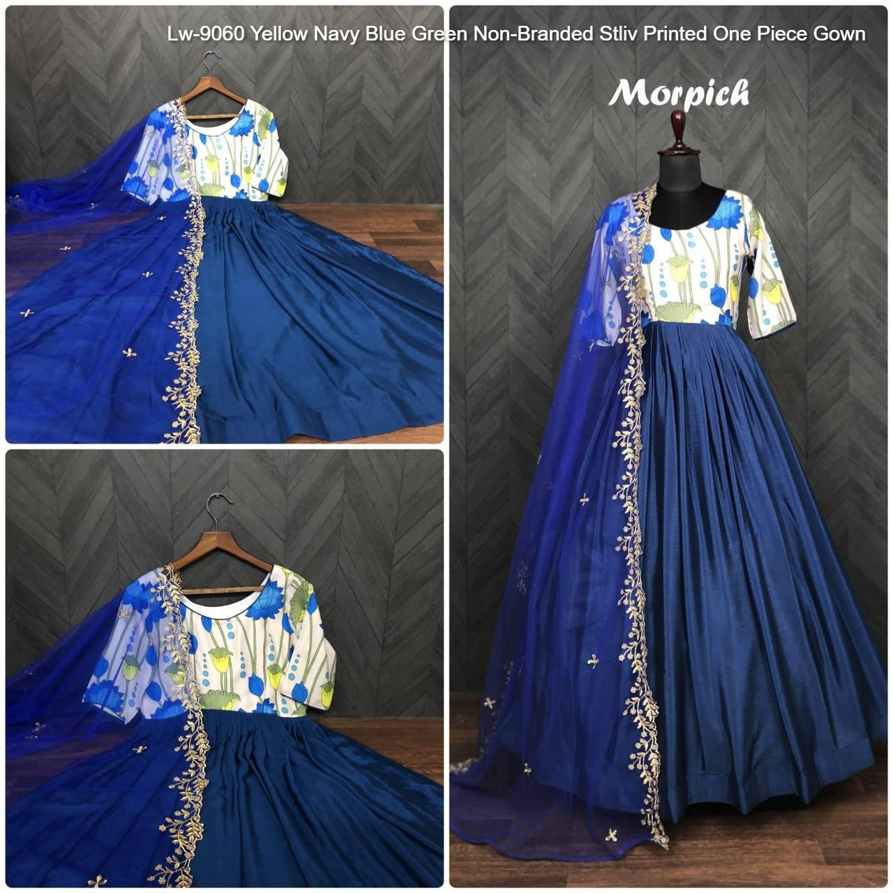 Lw-9060 Yellow Navy Blue Green Non-Branded Stliv Printed One Piece Gown