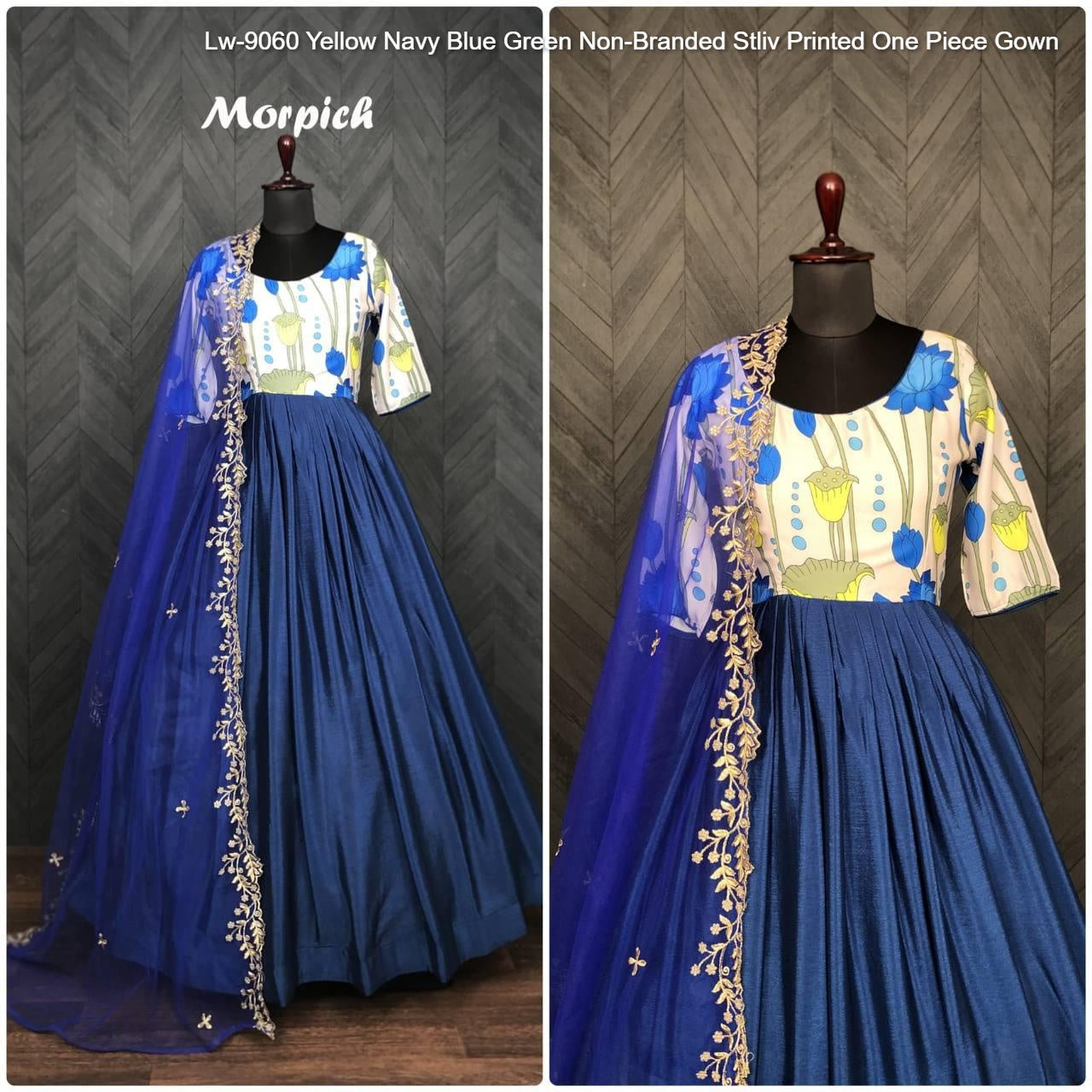 Lw-9060 Yellow Navy Blue Green Non-Branded Stliv Printed One Piece Gown