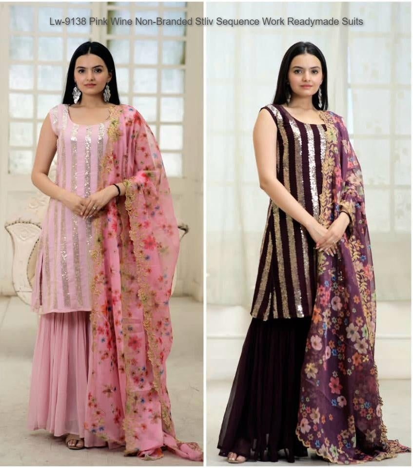 Lw-9138 Pink Wine Non-Branded Stliv Sequence Work Readymade Suits
