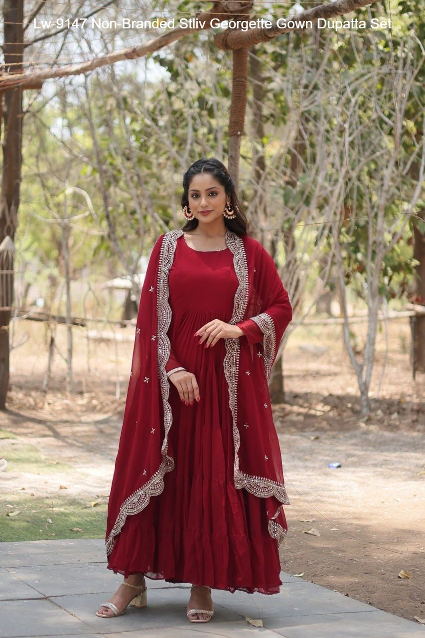 Lw-9147 Non-Branded Stliv Georgette Gown Dupatta Set