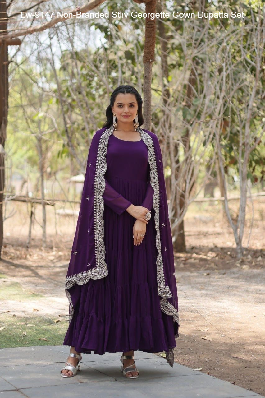 Lw-9147 Non-Branded Stliv Georgette Gown Dupatta Set
