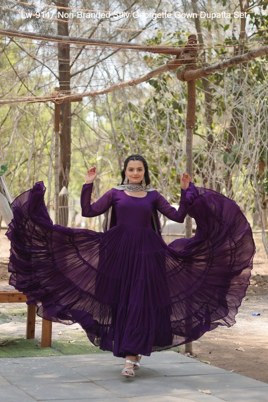 Lw-9147 Non-Branded Stliv Georgette Gown Dupatta Set