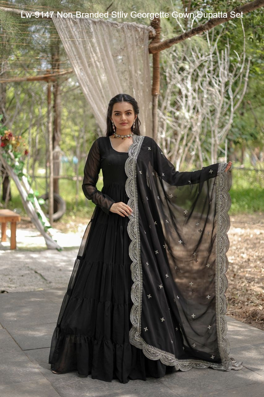 Lw-9147 Non-Branded Stliv Georgette Gown Dupatta Set