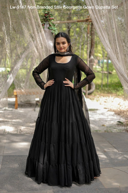 Lw-9147 Non-Branded Stliv Georgette Gown Dupatta Set