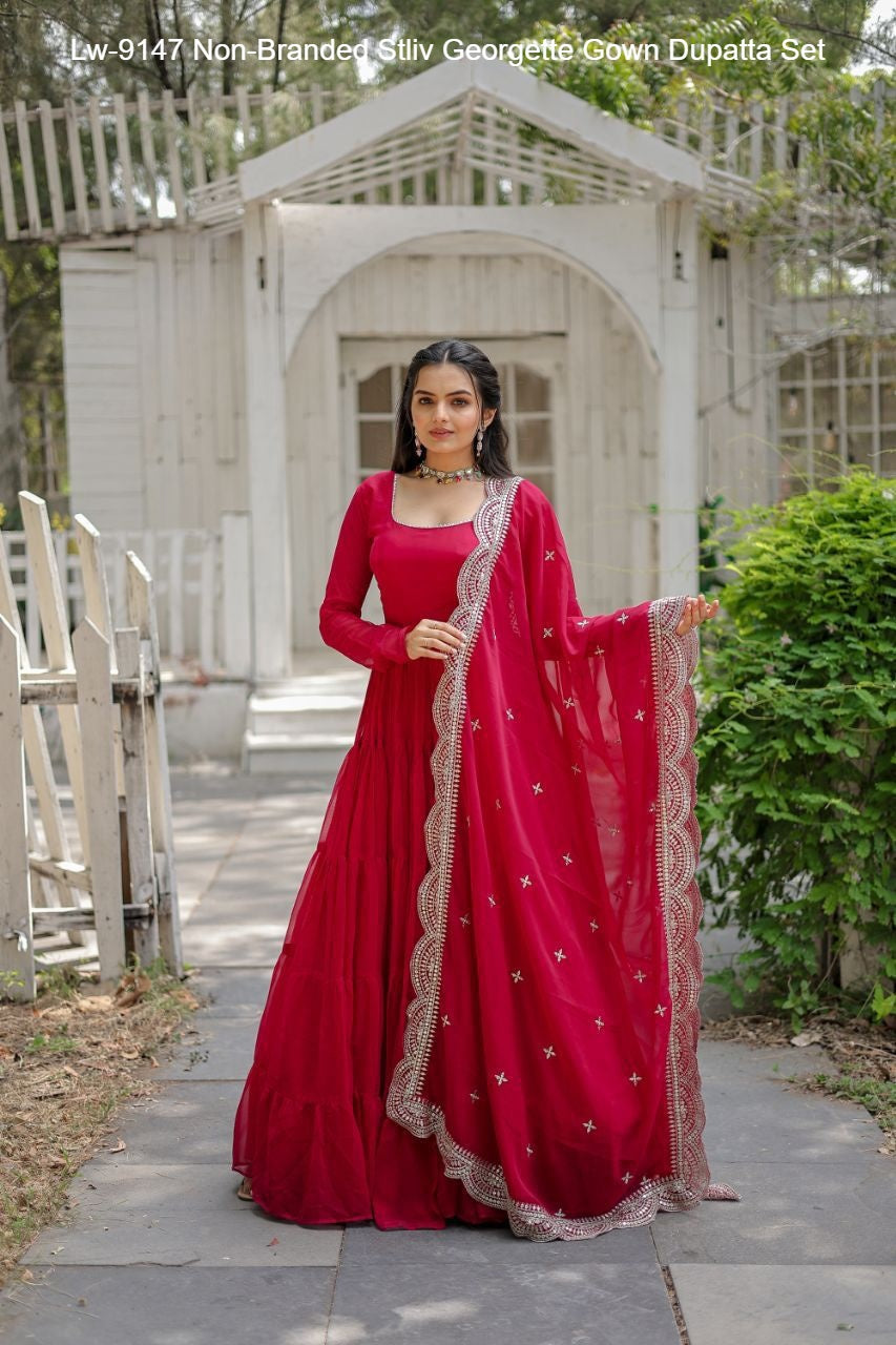 Lw-9147 Non-Branded Stliv Georgette Gown Dupatta Set