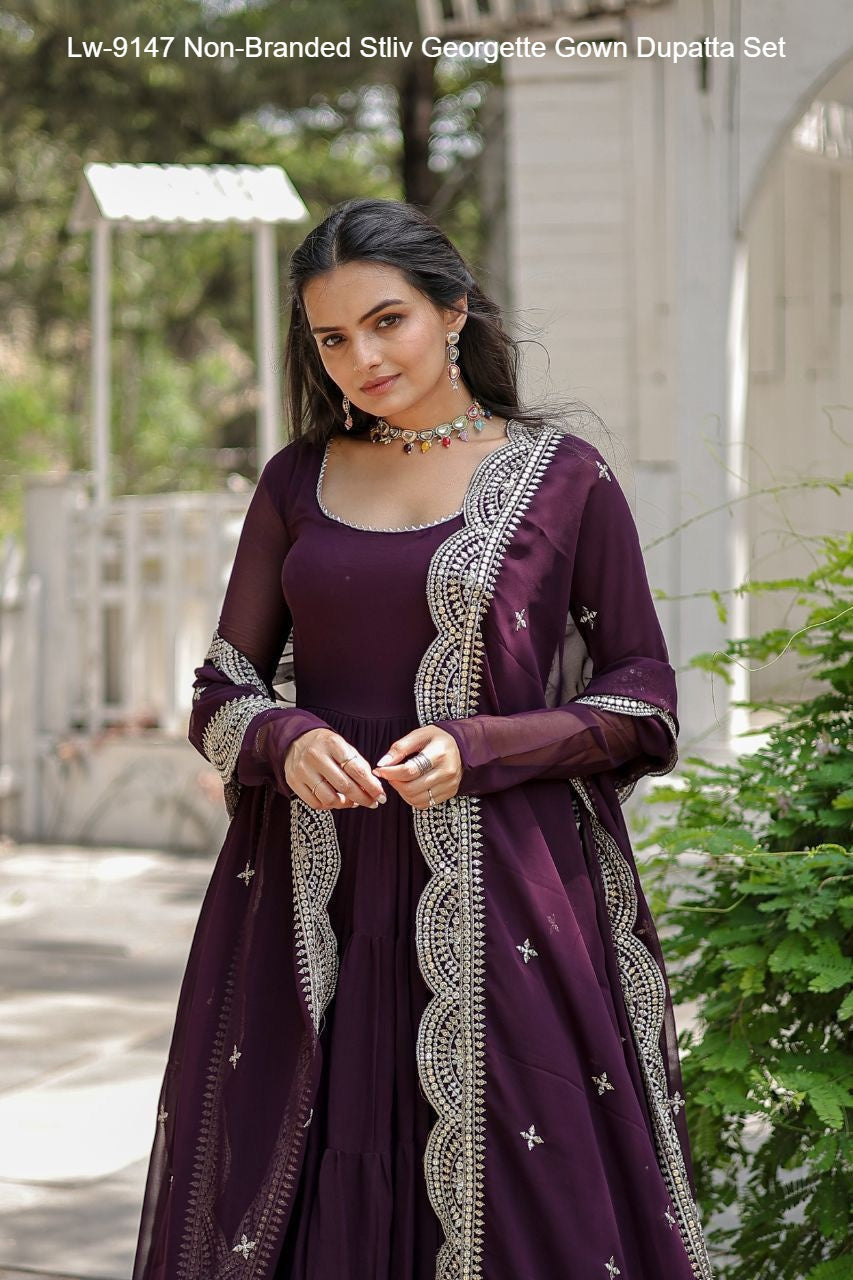 Lw-9147 Non-Branded Stliv Georgette Gown Dupatta Set