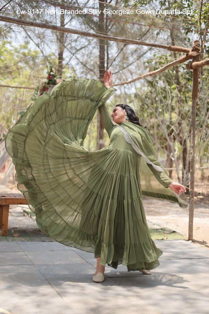 Lw-9147 Non-Branded Stliv Georgette Gown Dupatta Set