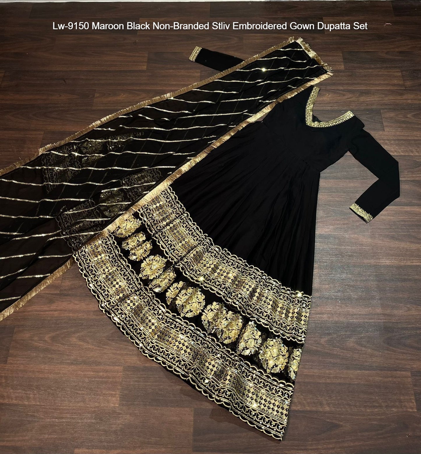 Lw-9150 Maroon Black Non-Branded Stliv Embroidered Gown Dupatta Set