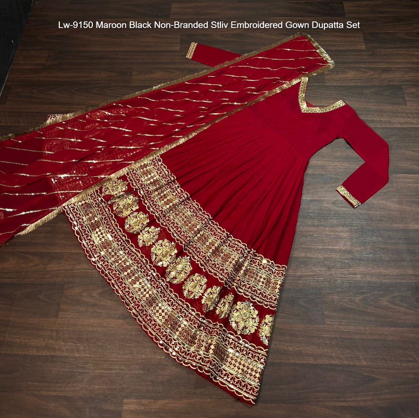 Lw-9150 Maroon Black Non-Branded Stliv Embroidered Gown Dupatta Set