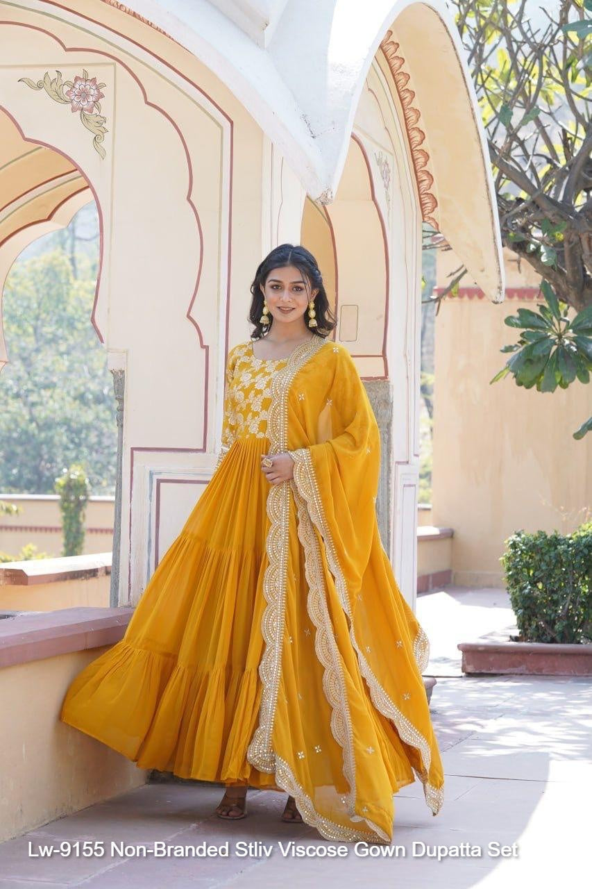 Lw-9155 Non-Branded Stliv Viscose Gown Dupatta Set