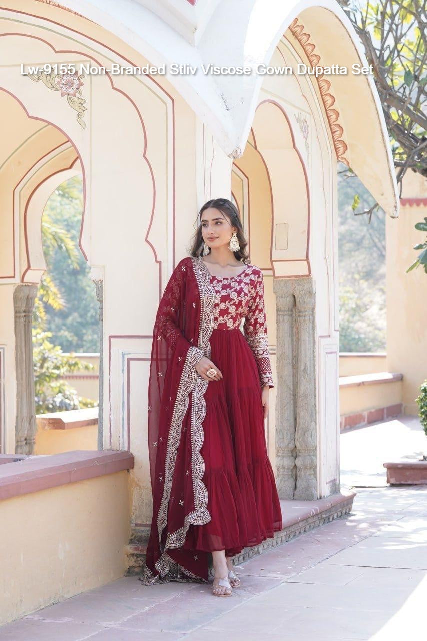 Lw-9155 Non-Branded Stliv Viscose Gown Dupatta Set