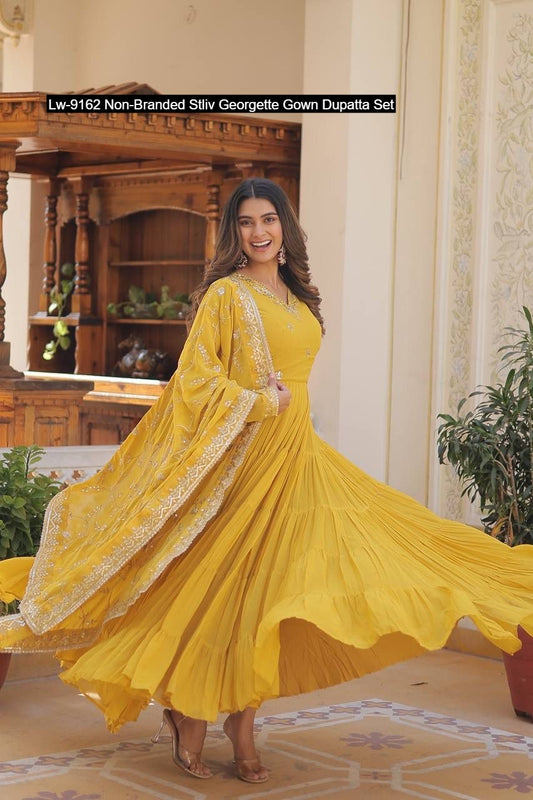 Lw-9162 Non-Branded Stliv Georgette Gown Dupatta Set