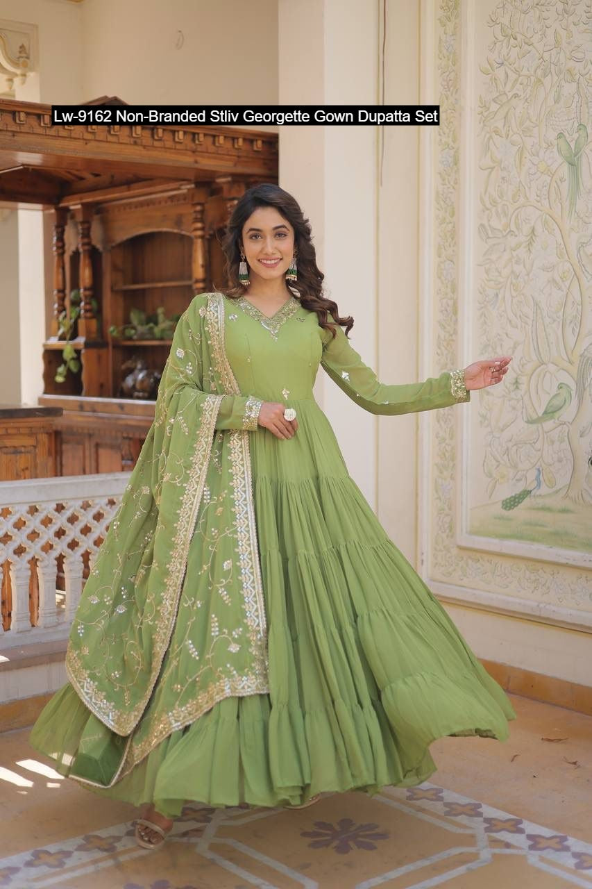 Lw-9162 Non-Branded Stliv Georgette Gown Dupatta Set