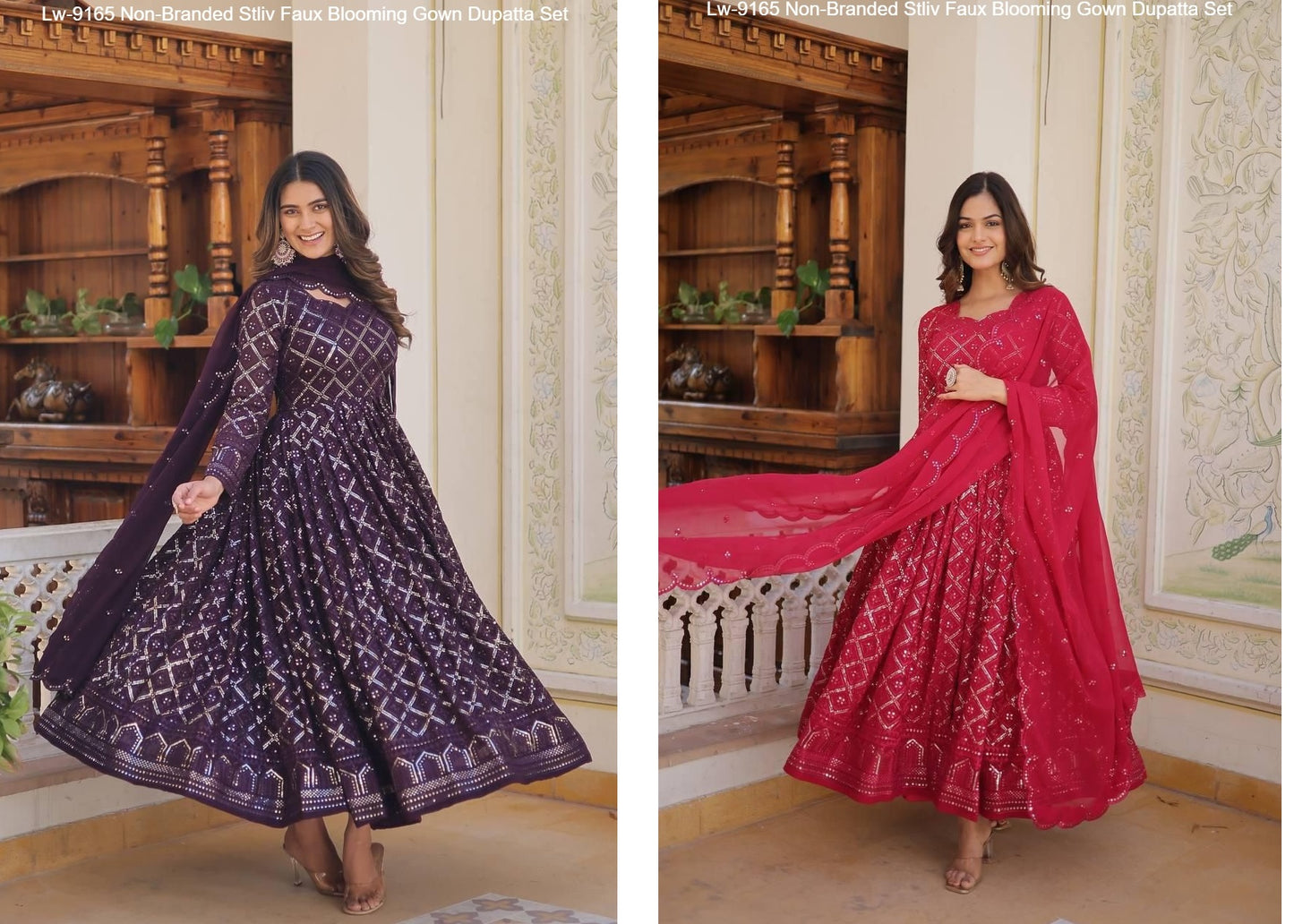 Lw-9165 Non-Branded Stliv Faux Blooming Gown Dupatta Set