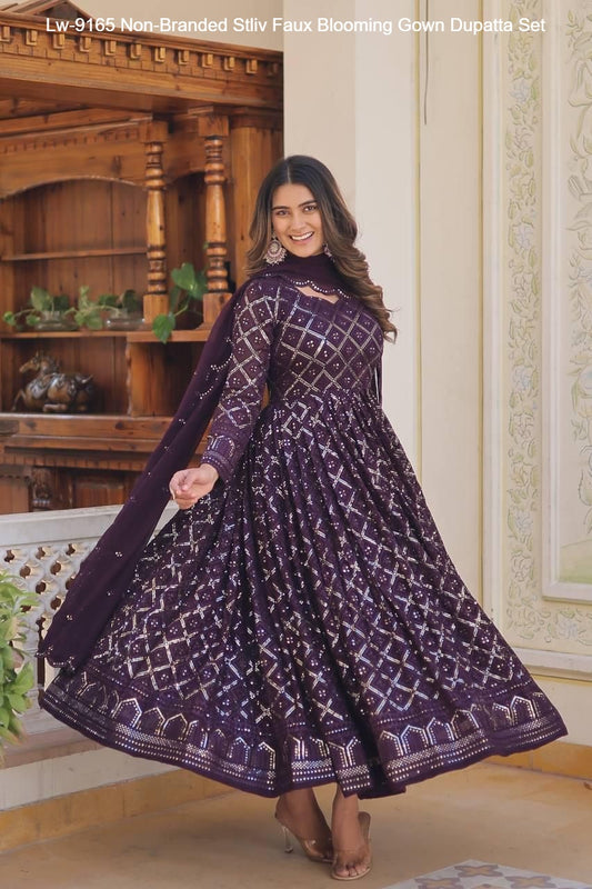 Lw-9165 Non-Branded Stliv Faux Blooming Gown Dupatta Set