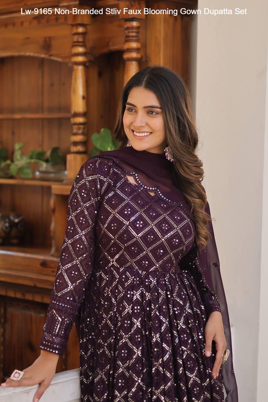 Lw-9165 Non-Branded Stliv Faux Blooming Gown Dupatta Set