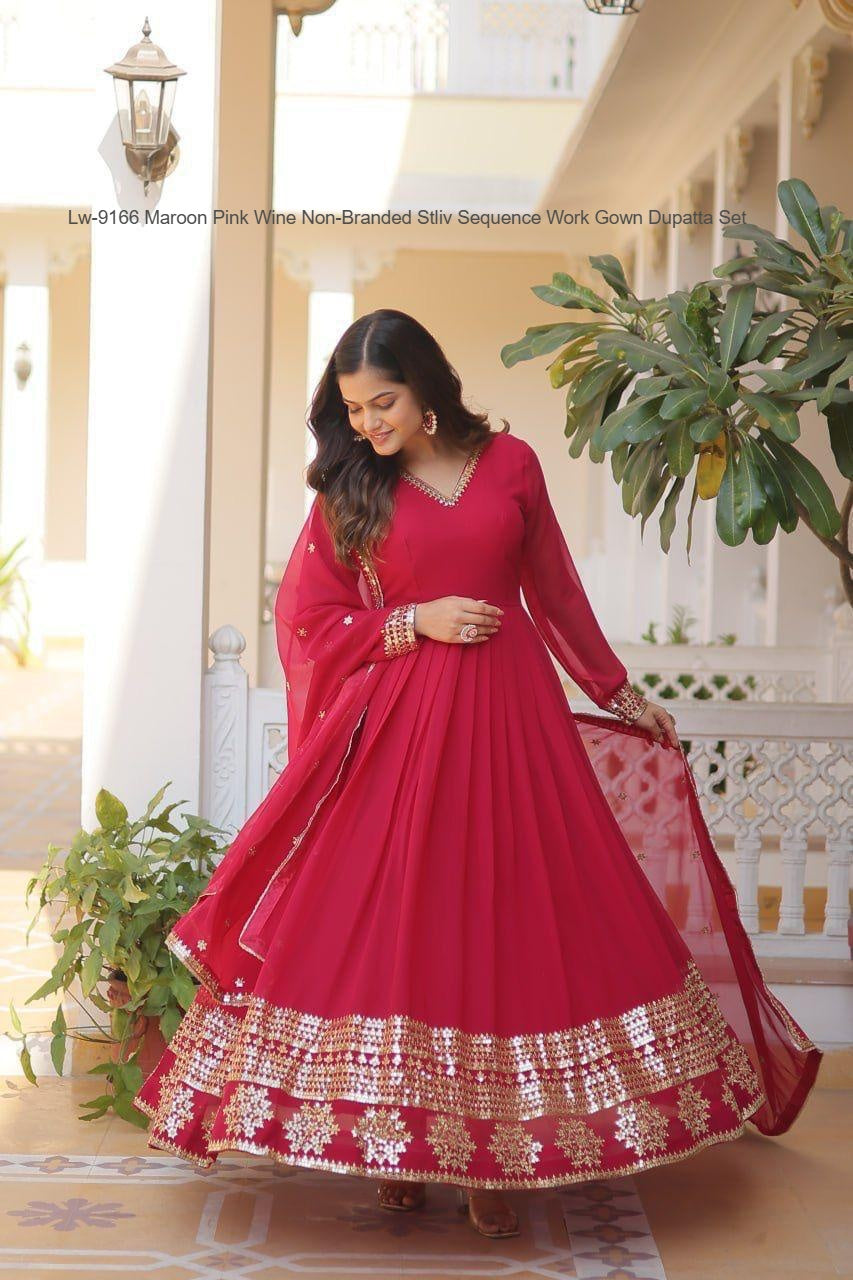 Lw-9166 Maroon Pink Wine Non-Branded Stliv Sequence Work Gown Dupatta Set