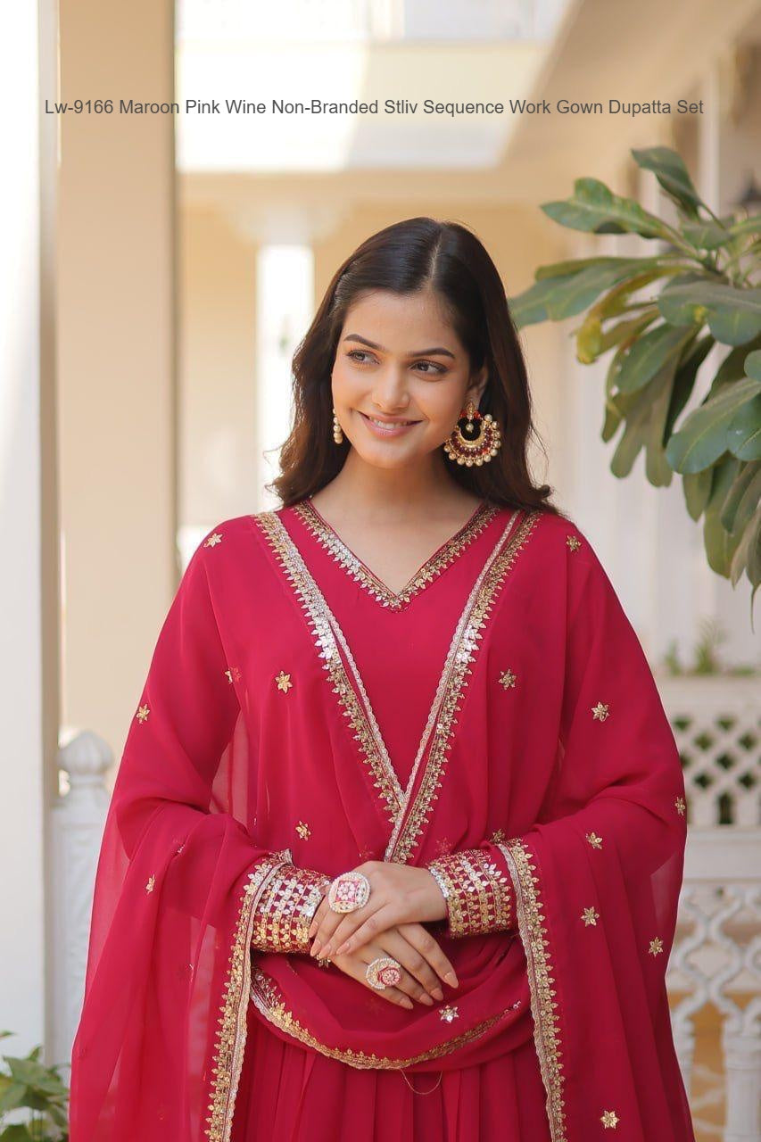 Lw-9166 Maroon Pink Wine Non-Branded Stliv Sequence Work Gown Dupatta Set