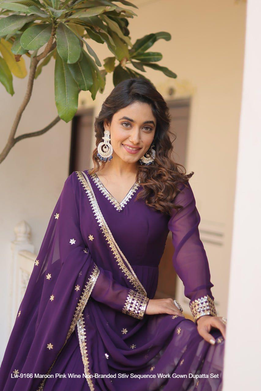 Lw-9166 Maroon Pink Wine Non-Branded Stliv Sequence Work Gown Dupatta Set