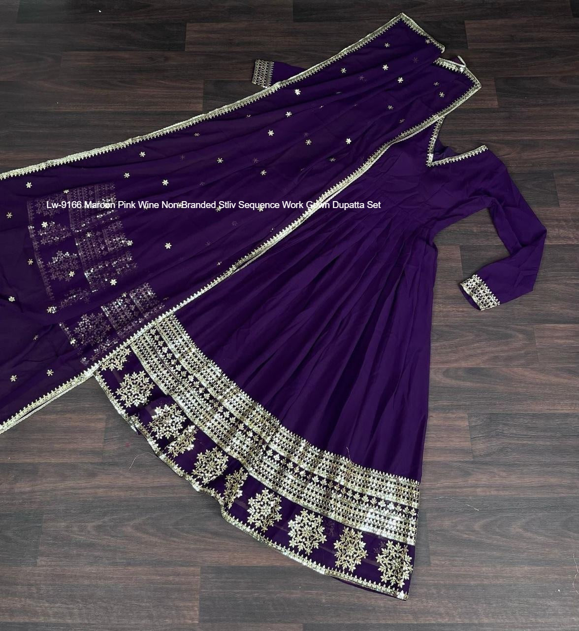 Lw-9166 Maroon Pink Wine Non-Branded Stliv Sequence Work Gown Dupatta Set