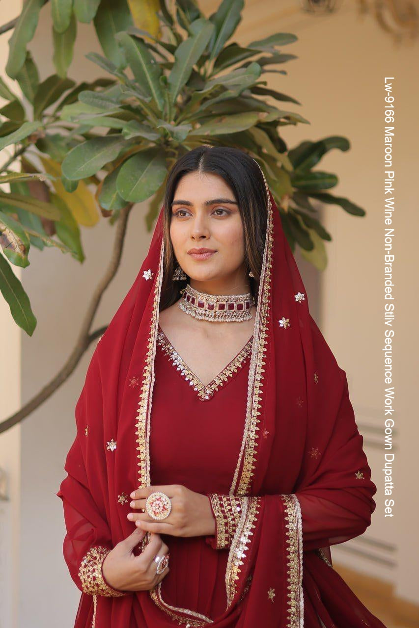 Lw-9166 Maroon Pink Wine Non-Branded Stliv Sequence Work Gown Dupatta Set