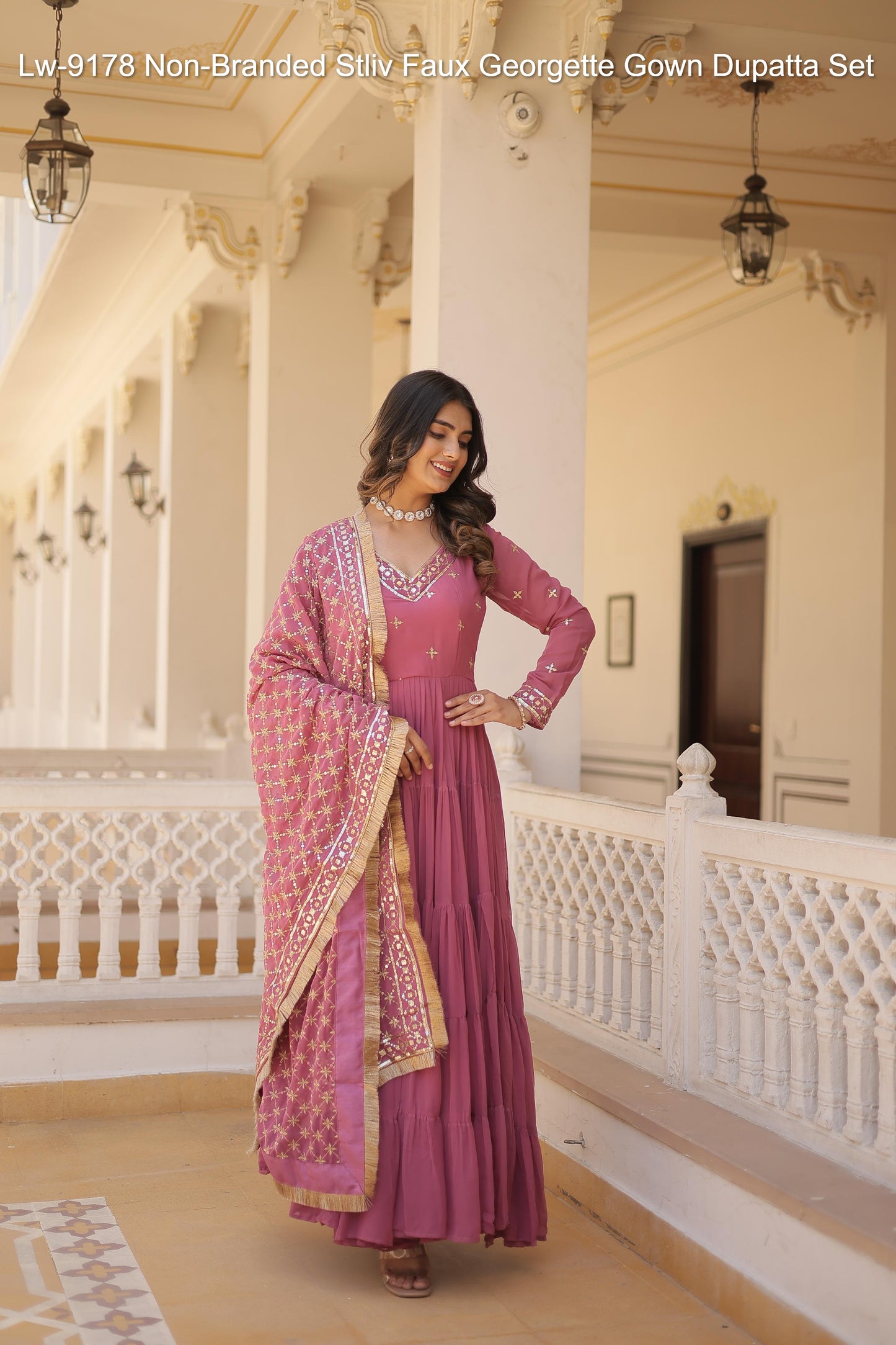 Lw-9178 Non-Branded Stliv Faux Georgette Gown Dupatta Set