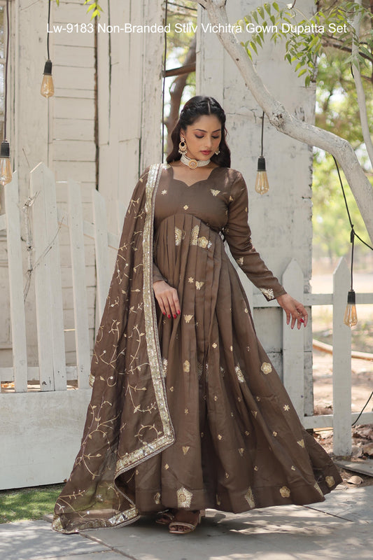 Lw-9183 Non-Branded Stliv Vichitra Gown Dupatta Set