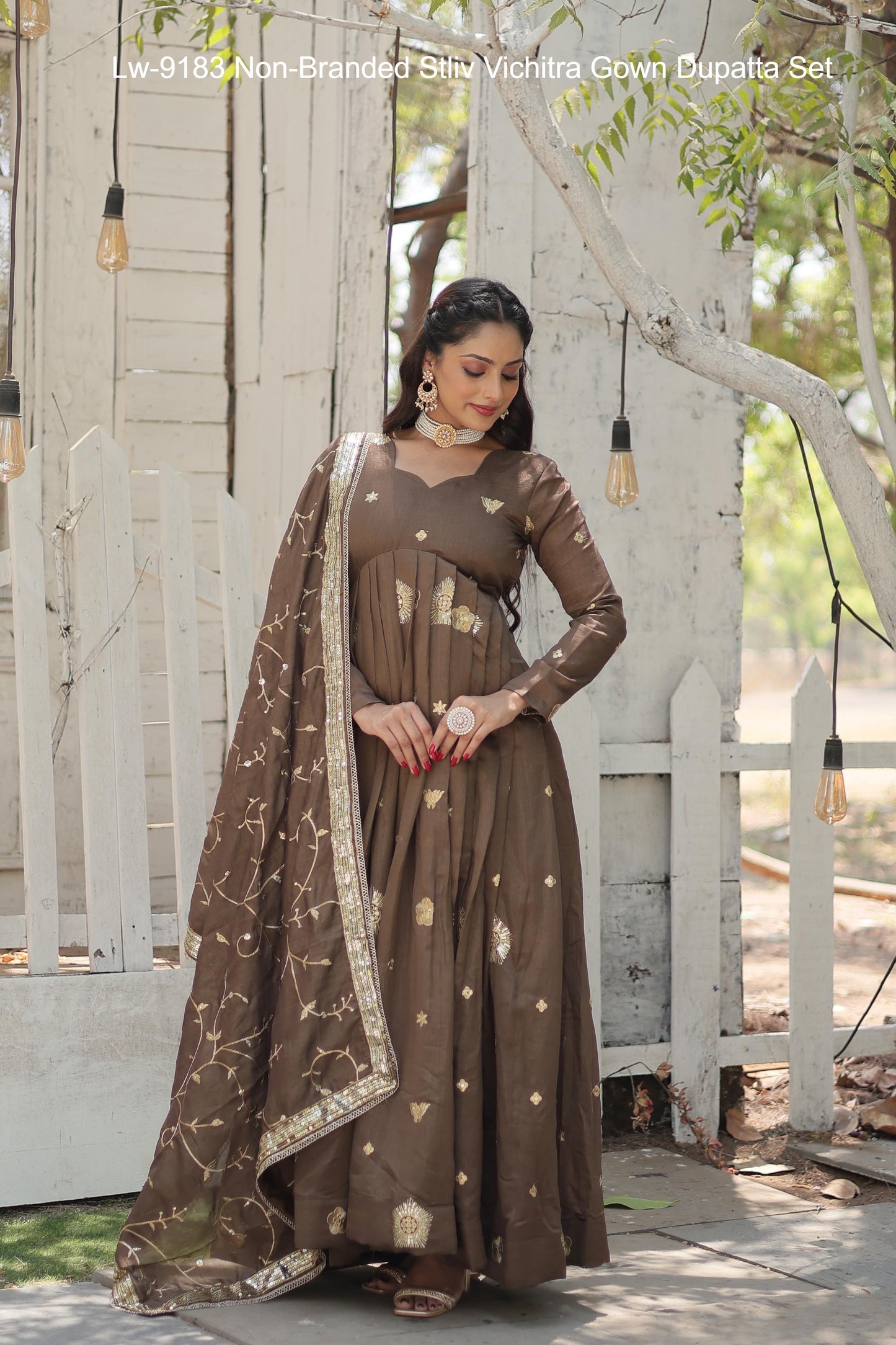 Lw-9183 Non-Branded Stliv Vichitra Gown Dupatta Set