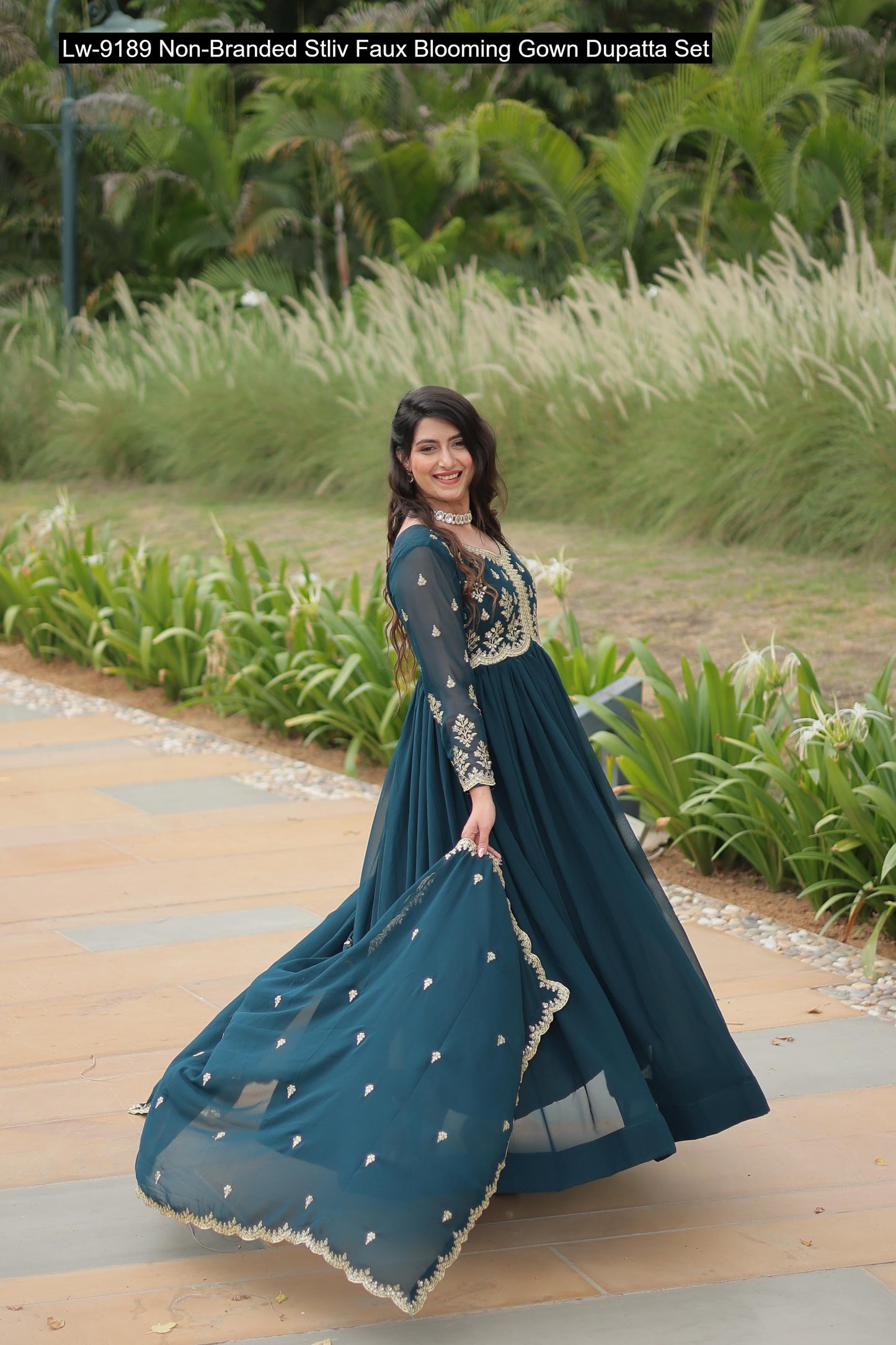 Lw-9189 Non-Branded Stliv Faux Blooming Gown Dupatta Set