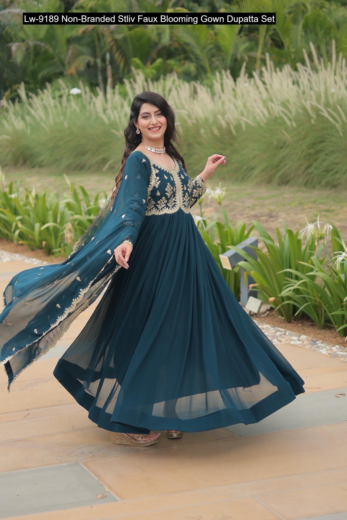 Lw-9189 Non-Branded Stliv Faux Blooming Gown Dupatta Set