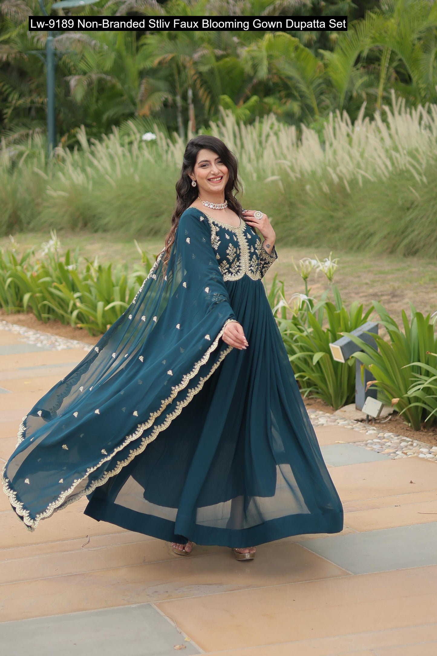 Lw-9189 Non-Branded Stliv Faux Blooming Gown Dupatta Set