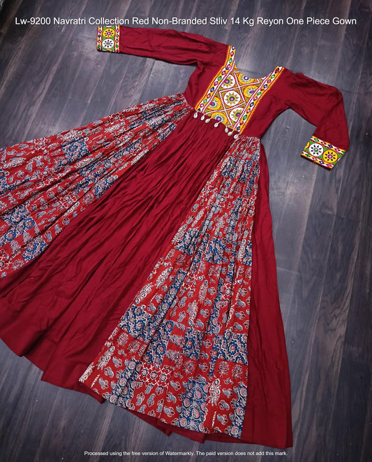 Lw-9200 Navratri Collection Red Non-Branded Stliv 14 Kg Reyon One Piece Gown