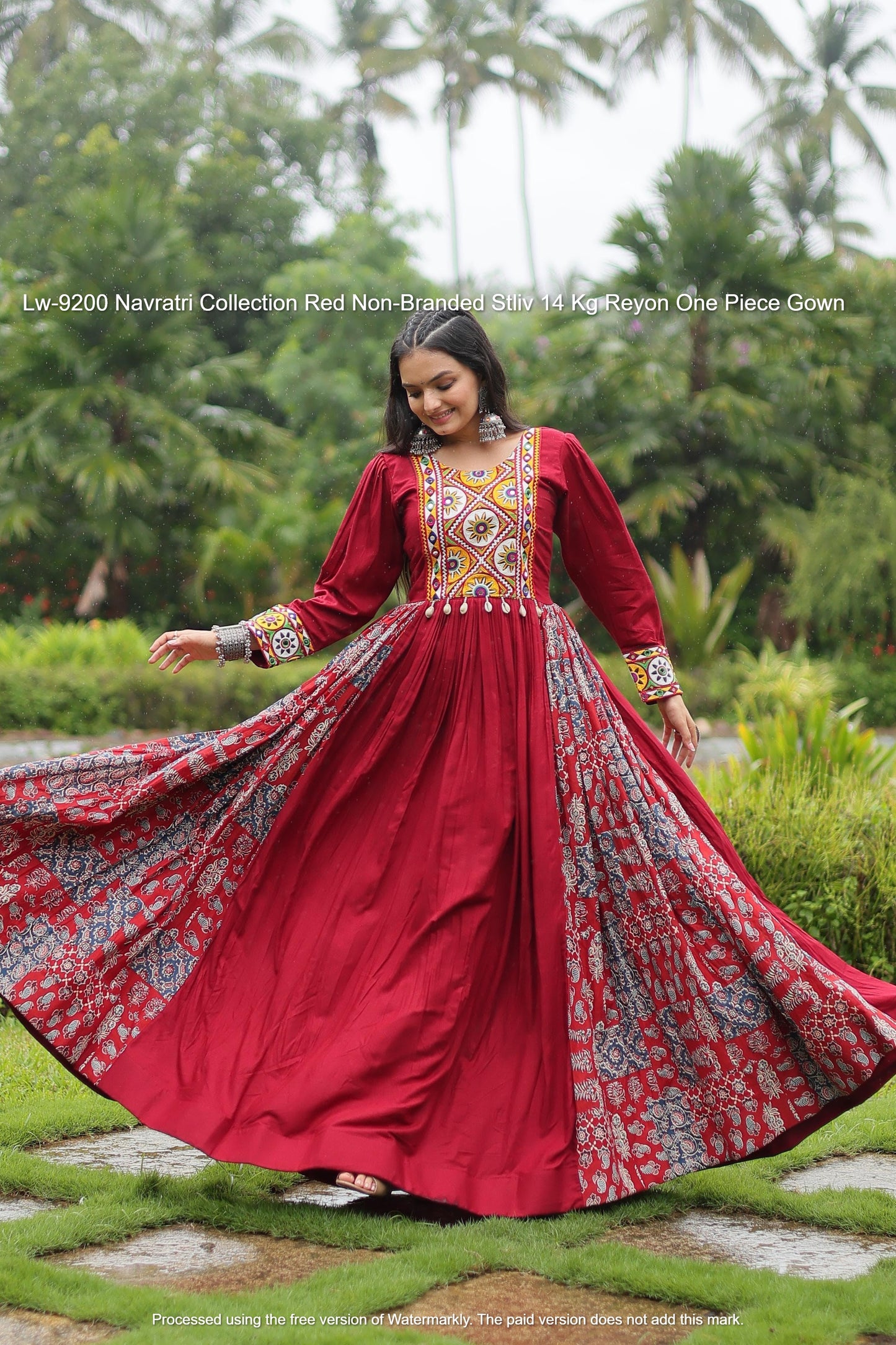 Lw-9200 Navratri Collection Red Non-Branded Stliv 14 Kg Reyon One Piece Gown