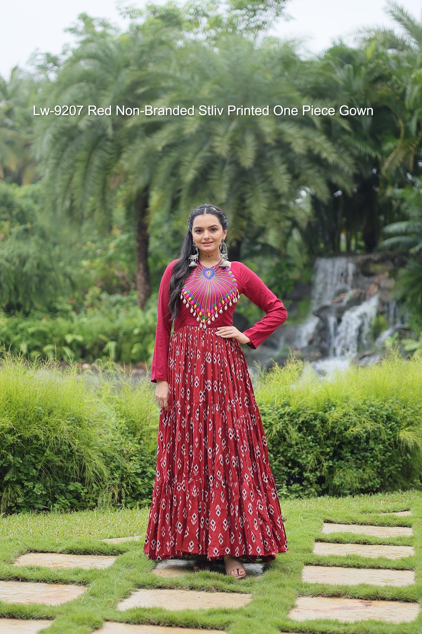 Lw-9207 Red Non-Branded Stliv Printed One Piece Gown