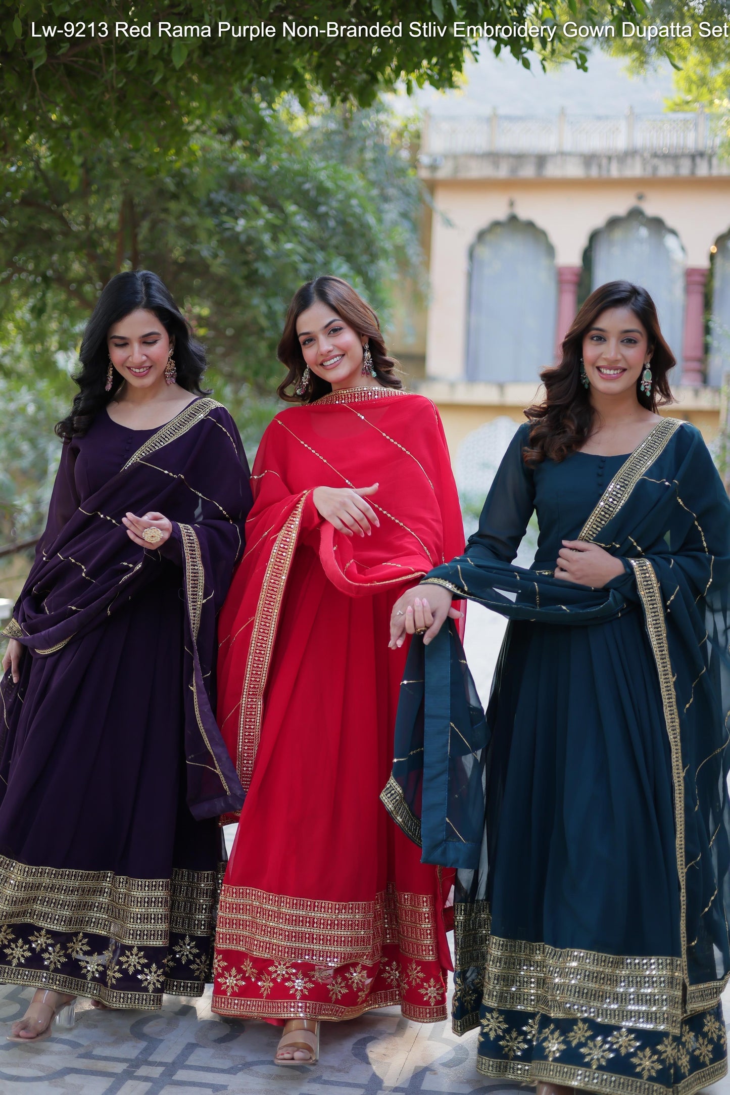 Lw-9213 Red Rama Purple Non-Branded Stliv Embroidery Gown Dupatta Set