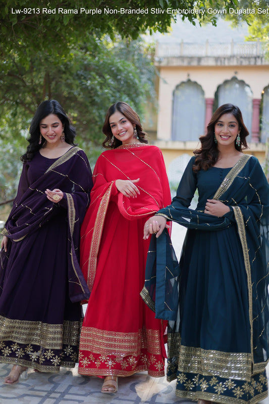 Lw-9213 Red Rama Purple Non-Branded Stliv Embroidery Gown Dupatta Set