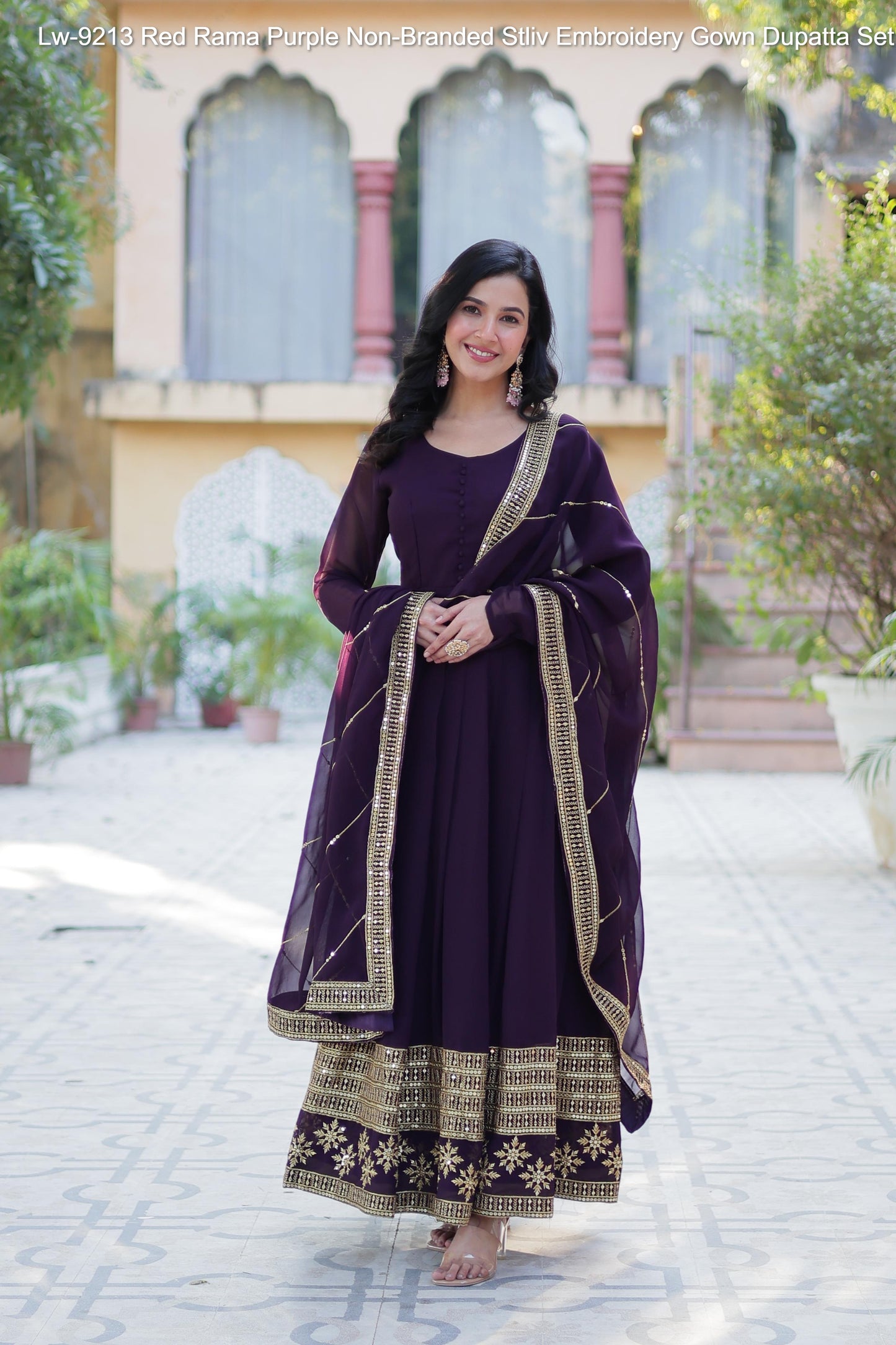 Lw-9213 Red Rama Purple Non-Branded Stliv Embroidery Gown Dupatta Set