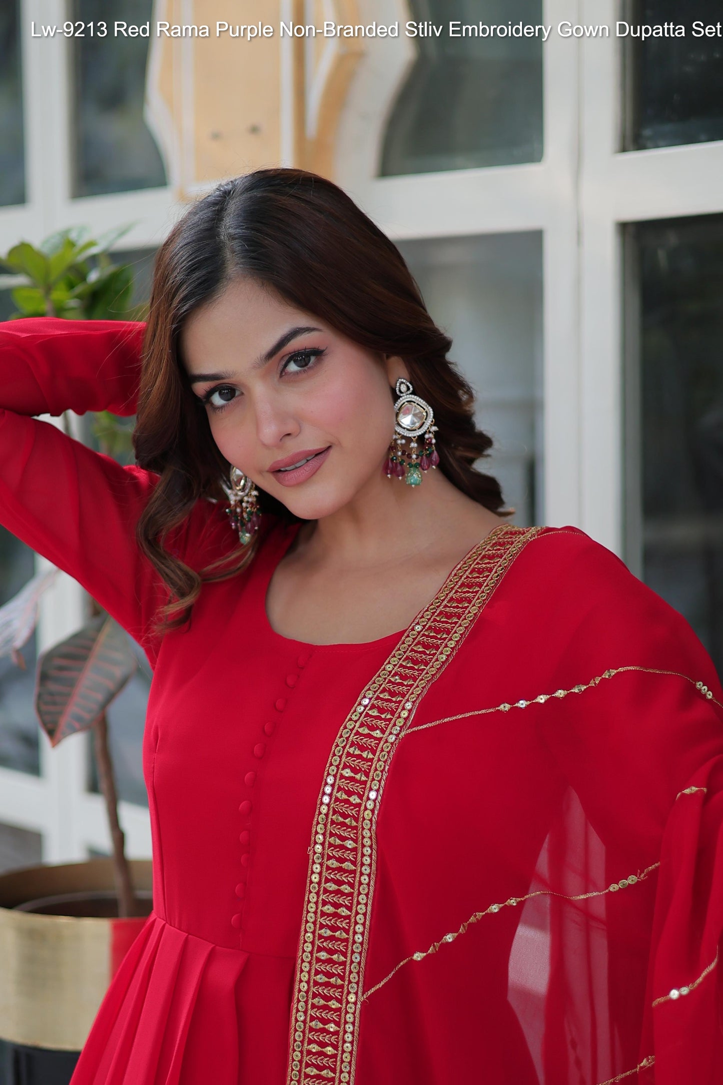 Lw-9213 Red Rama Purple Non-Branded Stliv Embroidery Gown Dupatta Set