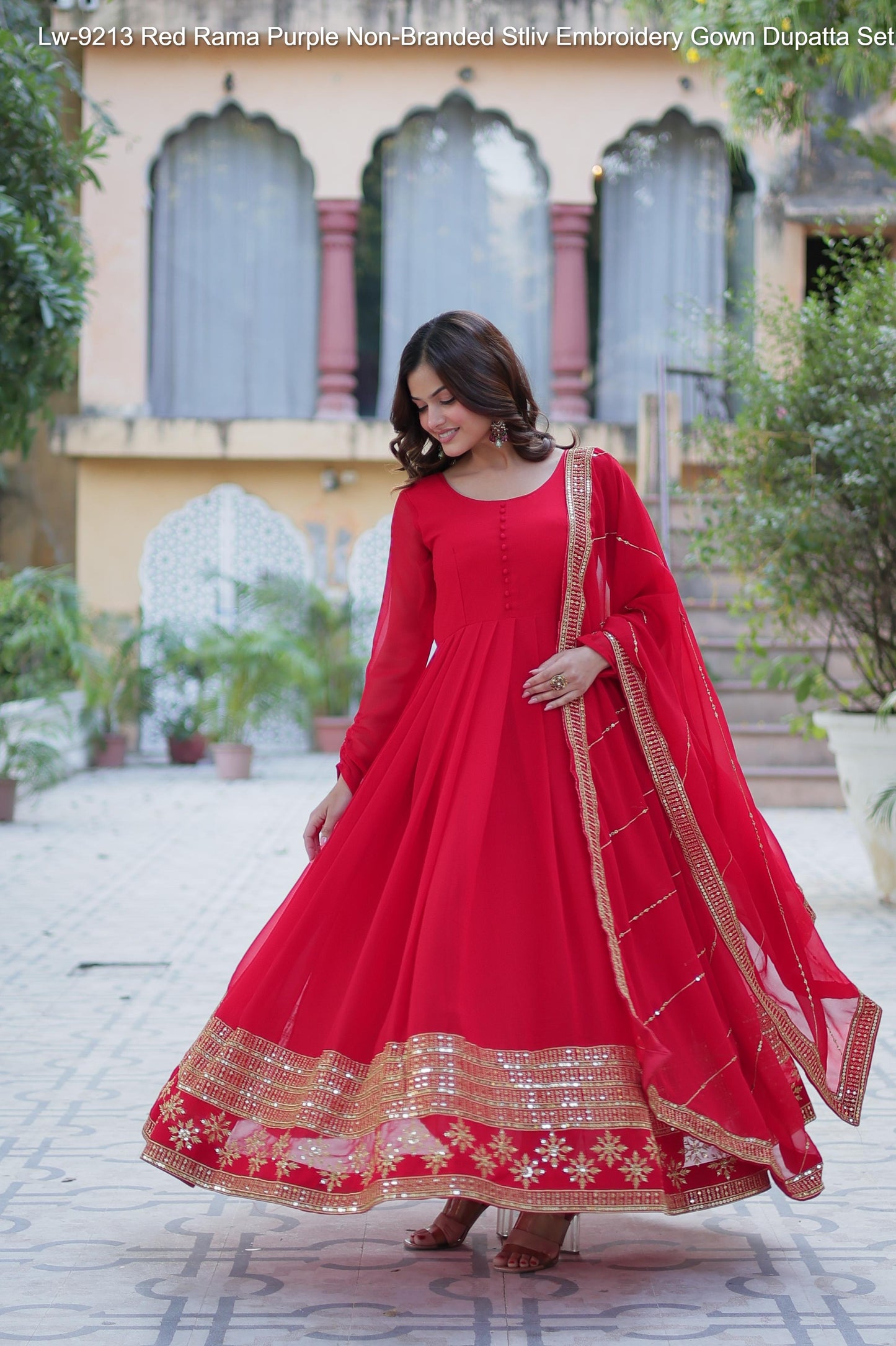 Lw-9213 Red Rama Purple Non-Branded Stliv Embroidery Gown Dupatta Set